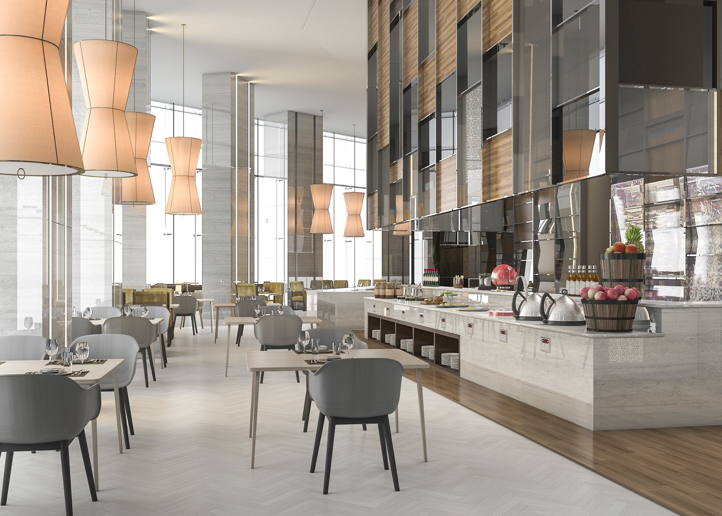 Ljust och modernt restauranginteriör med uppdukade bord och buffé